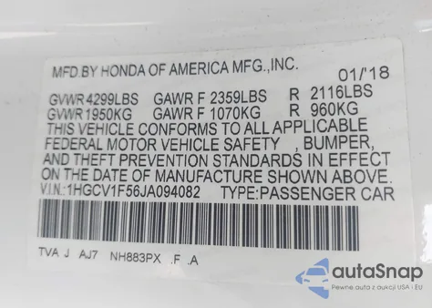 2018 Honda Accord Ex-L from USA, damaged, VIN 1HGCV1F56JA094082